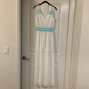 White and Teal Tobi Chiffon Maxi Dress